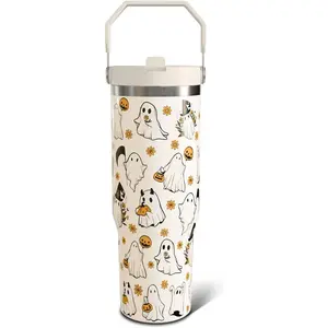 Halloween Ghost 30oz Tumbler Gifts for Women Girls, Cute Flower Spooky Stainless Steel Insulated Cup, Top Handle and Flip Straw Water Bottle Mug