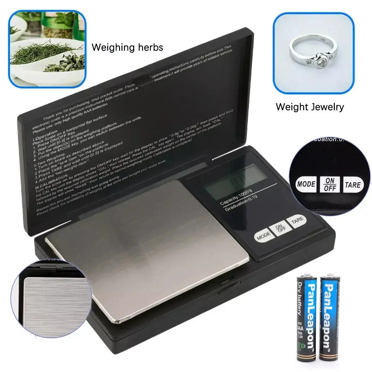 Digital Pocket Scale 500g x 0.1g, Mini Jewelry Gram Scale with LCD Backlit Display, Tare Function, 7 Units（g ct oz dwt gn tl）, Stainless Steel Platform, Flip Top Portable Scale for Jewelry Food