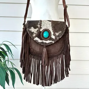 Cowhide leather crossbody bag with fringes western purse with turquoise