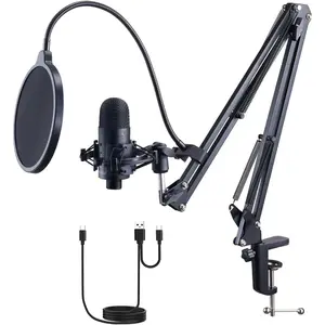 VEVOR USB Microphone, 192kHz/24-bit, Professional Condenser Microphone Kit, with Boom Arm Stand Pop Filter Shock Mount Mute Button Headphones Jack, for Podcast Recording Video Gaming Singing Streaming