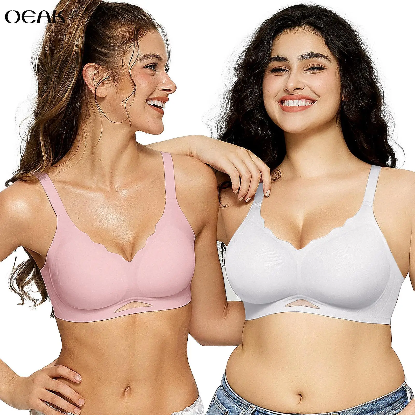 OEAK Women Seamless Bras No Underwire Push Up Wavy Neckline Wireless Bralettes Soft V Neck Full Coverage Everyday Bra