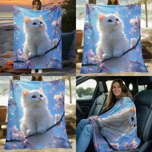HighQuality Flannel Throw Blanket with Cat and Cherry Blossoms Design Soft Warm AllSeason Accessory for Sofa Camping Bed Office NatureInspired Digital Print Lightweight Blanket in Multiple Dimensions