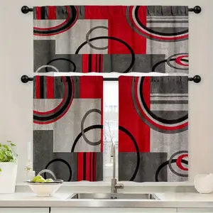Elegant Red & Gray Geometric Print  - Stylish Semi-Transparent Polyester Kitchen Drapes with Rod Pocket Design, Perfect for Modern Home Decor,  for Kitchen casual party decoration high ceiling curtains living room decor set inganchos custom drapery panel