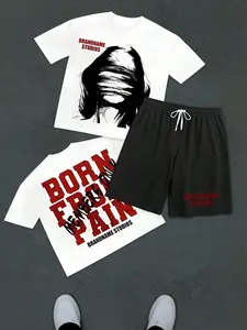 Cotton Men's 2PC "Born From Pain" Blindfolded Figure Print T-Shirt & Shorts Set,Lightweight, Breathable, Soft Comfort, Streetwear, Casual Outfit For Summer,Cotton, Daily Wear & Outdoor Activities Soft Comfort, Streetwear, Casual Outfit For Summer