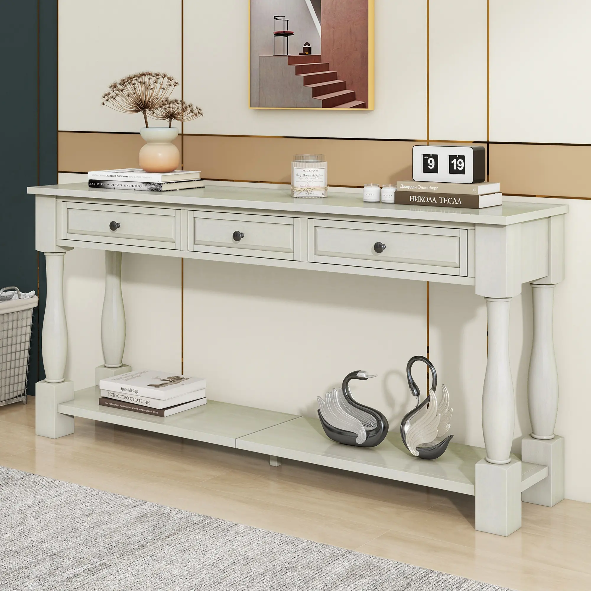 TREXM 63" Long Console Table with Drawers and Shelf for Entryway Hallway Living Room Antique White Sofa Table Narrow Entry Table Storage Table Hall Table Accent Table, Living Room Table for Sofa Side, Bedroom, Office, Apartment and Home Decor