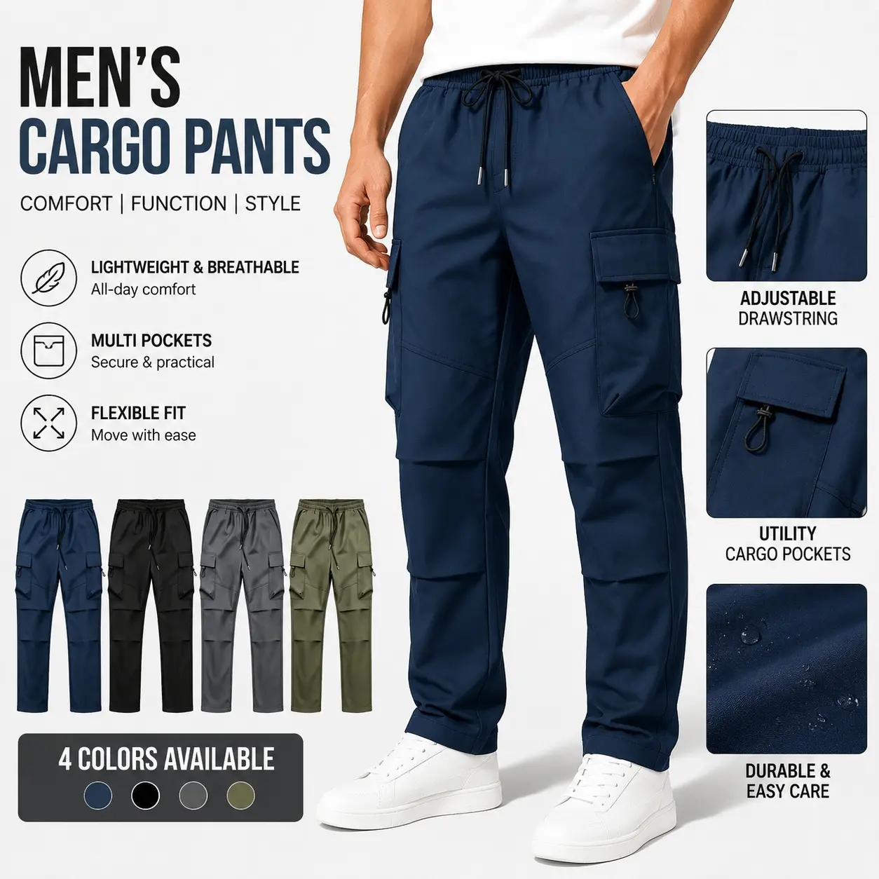 Men's Solid Color Tactical Work Pants - 230g/m² New Fabric, Adjustable Waist, Flexible Fit, Multiple Pockets, Zipper Closures, Durable, Limited Breathability, Spring & Autumn Outdoor Training Pants for Work, Camping