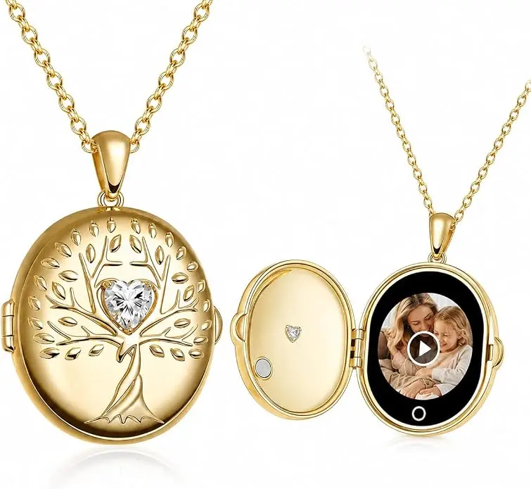 Women's TOTWOO AI Smart Locket Necklace, Tree of Life Memory Pendant with White Sapphire, App-Enabled AI Animated Picture Storage for Photos/Videos, Keepsake Gift for Loved Ones