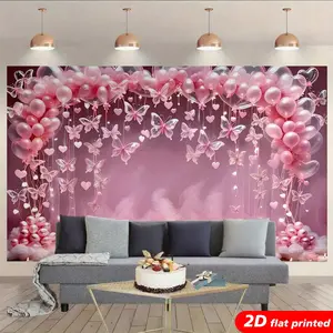 2D Flat Printed Pink Butterfly Balloon Garland Tapestry Wall Hanging - Rose Gold Glitter Birthday Photo Backdrop, Aesthetic Home Decor, Butterfly Art/Colored Balloon Tapestry Gift for Women’s Parties, Balloon Garland Tapestries
