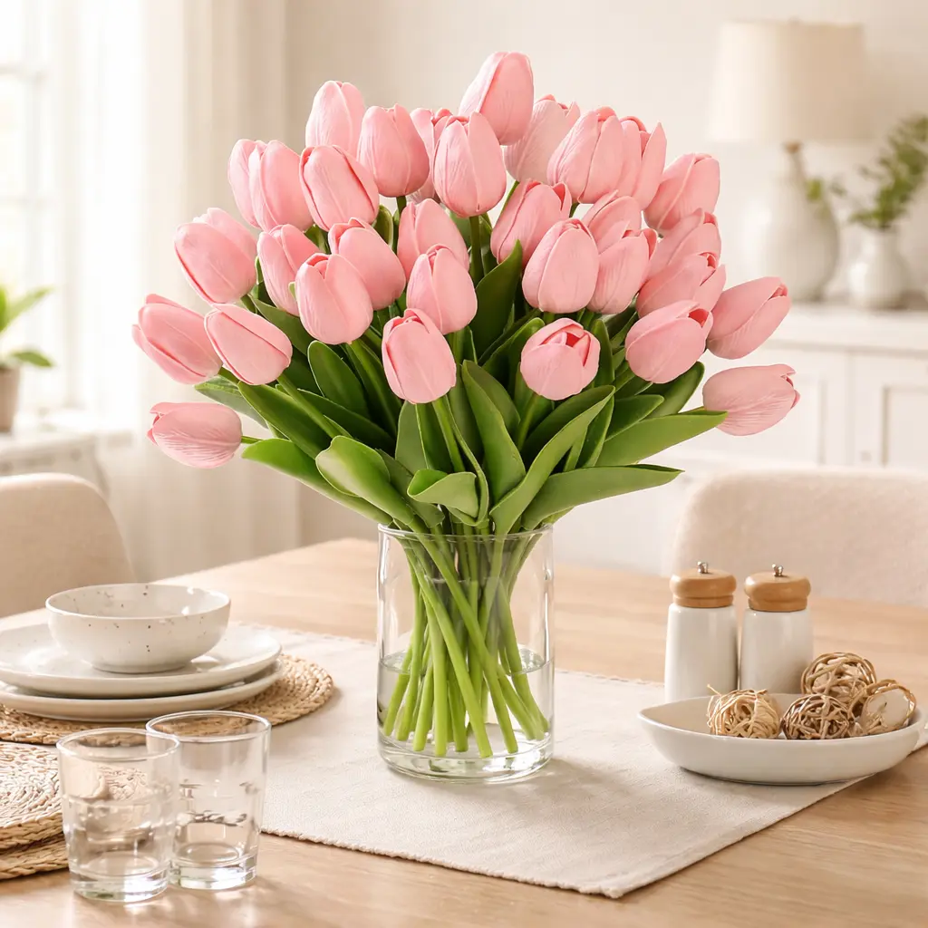 16-Piece Pink Artificial Tulips Floral Bouquet - Handmade Crochet Eternal Preserved White Rose Bunch, Decorative Faux Arrangement for Entryway Table Room Decor, Gift for Women GF Faux Flower Decorations Faux Flower Plants