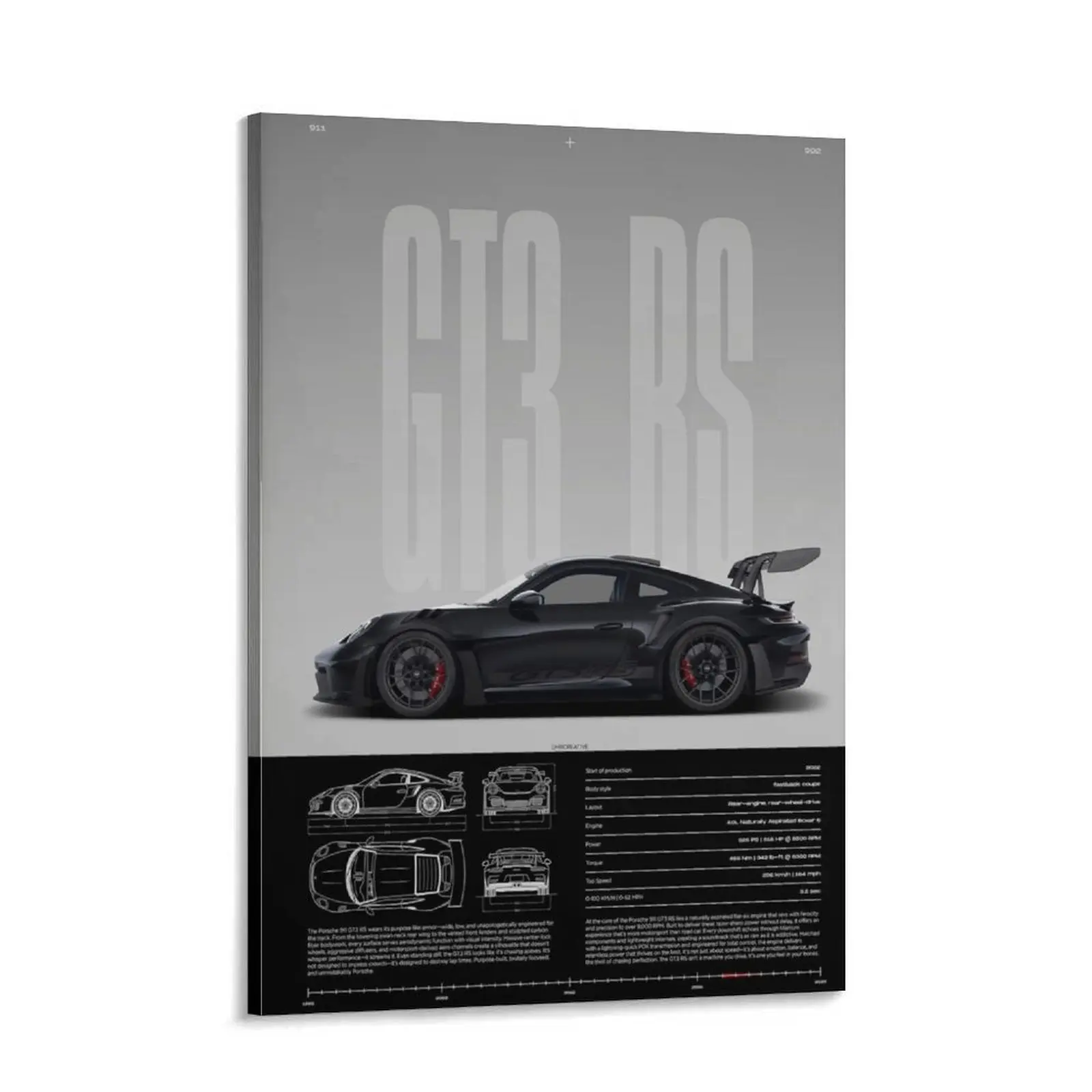 GT3 RS Sports Car Canvas Print - Modern Wall Art with Vehicle Specs, 6 Color Options, Men's Room Decor, Garage Decor, Perfect Gift for Car Enthusiasts