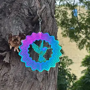 3d Hummingbird Design Wind Spinner, Hanging Metal Rotating Whirling Wind Chime, Bird Repellent Scarer Deterrent for Yard Garden Decor