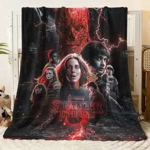 Stranger Things Themed Flannel Fleece Blanket - Ultra - Soft Warm Throw for Couch Bed, Featuring Iconic Characters & Thrilling Season 3 Design, Perfect for TV Show Fans, Ideal for All - Seaso