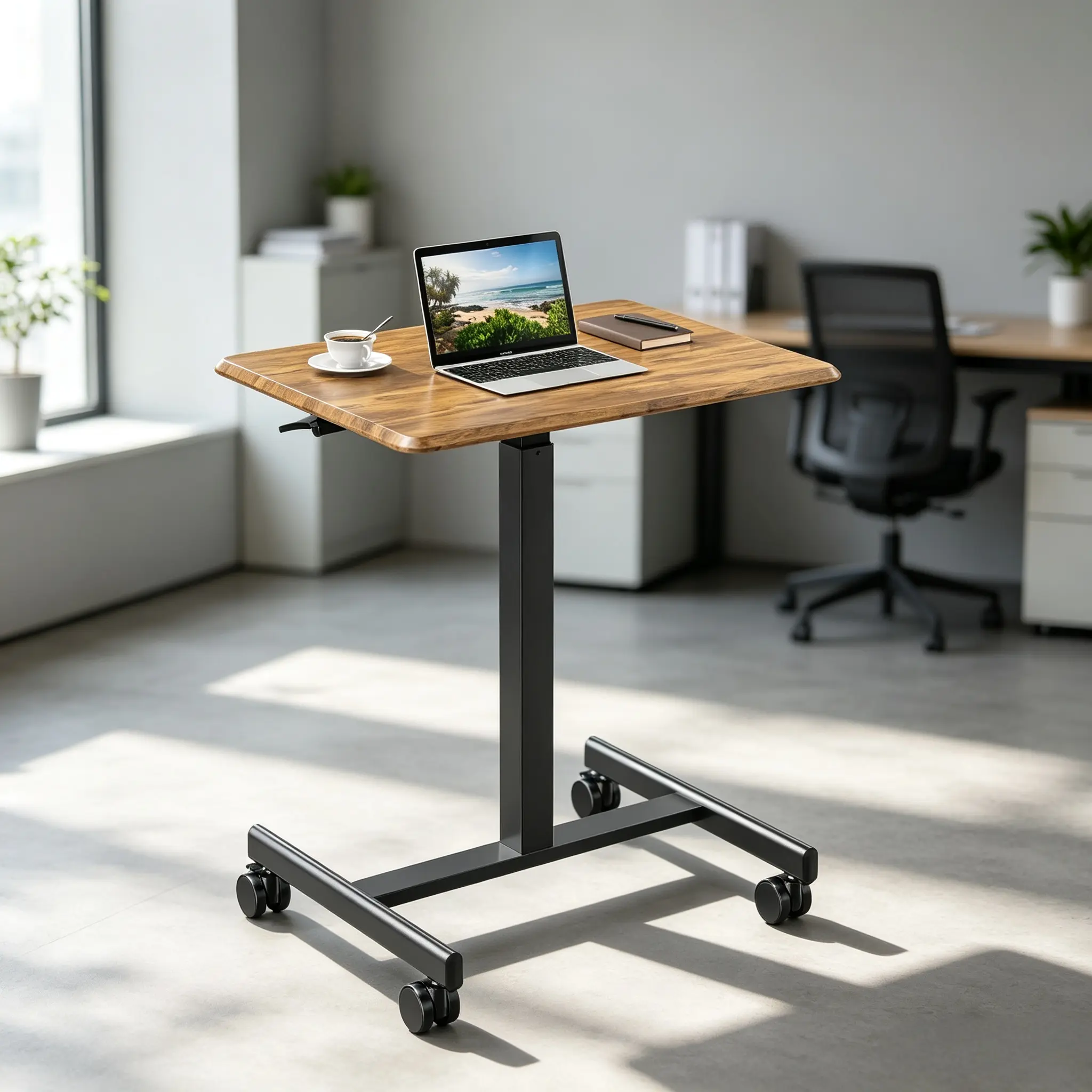 Small Standing Home Office Desk - Modern Wood Rectangular MDF Desktop, Height-Adjust, Mobile with 4 Silent Lockable Wheels, Easy Setup, Compatible Chairs Ready, Indoor Living Room Console Table