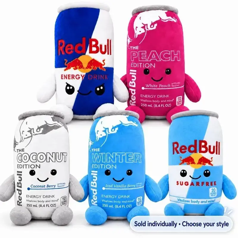 Red Bull Energy Drink Can Plush Toy Soft Plushie forGamer Desk Decor, Room Display & Fan Gift