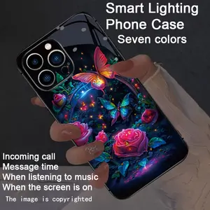 Glow-in-the-Dark Butterfly Rose Colorful Smart Light-Up Phone Case - New Dazzling Trendy Phone Case Suitable for iPhone 16 Pro Max/16e/iPhone 15 Pro Max/iPhone 14 Pro Max/Plus/13/12 Smart Voice Control, Glowing Light, Drop Protection