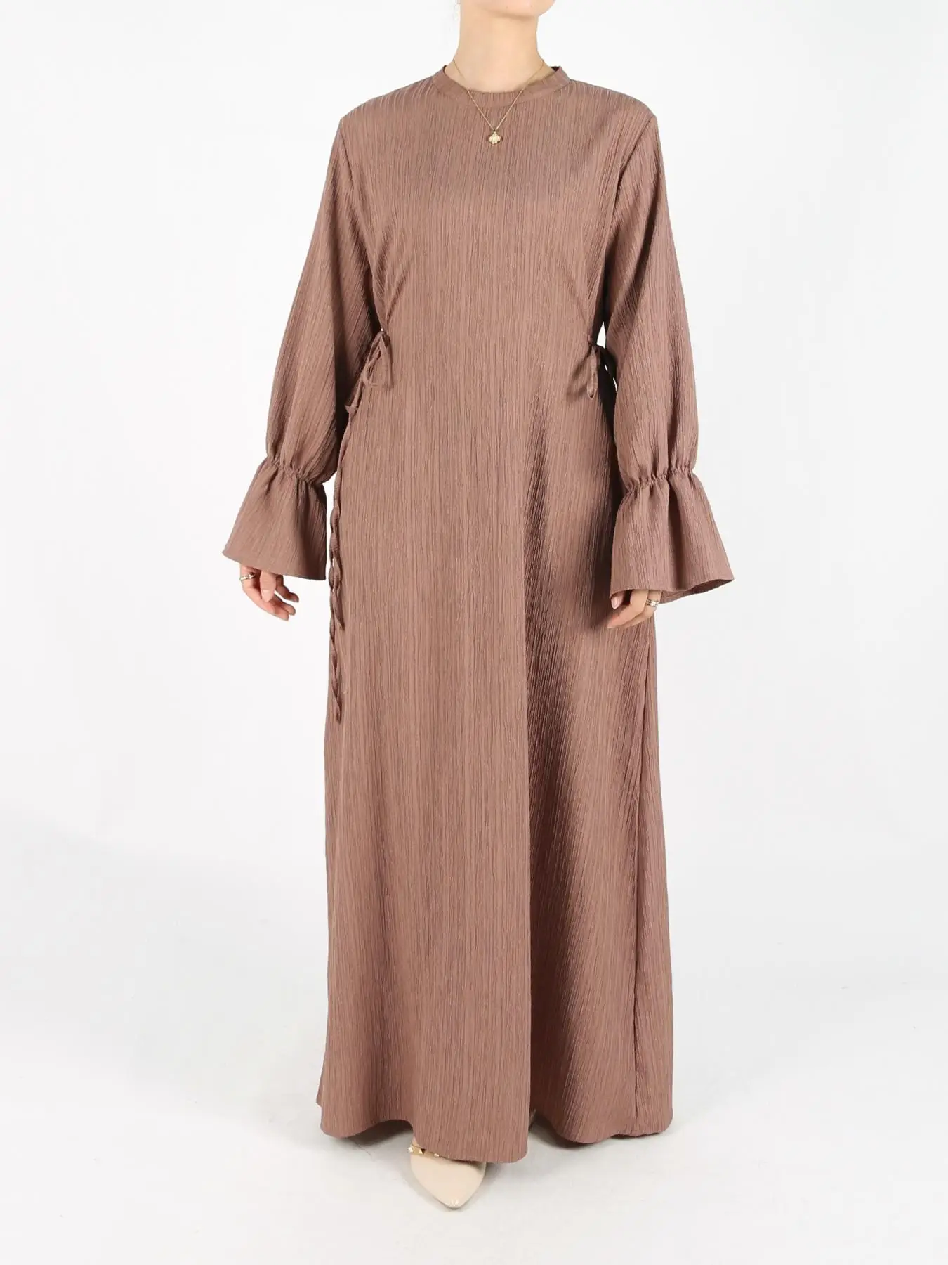 Women's Plain Tie Back Flounce Sleeve Maxi Dress, Elegant Minimalist Long Sleeve Round Neck Dress for Spring & Fall, Casual Dresses, Women's Clothing