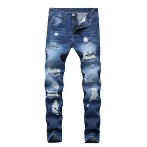 Men Blue Washed Multi Ripped Distressed Skinny Jeans Y2K Streetwear Denim Pants
