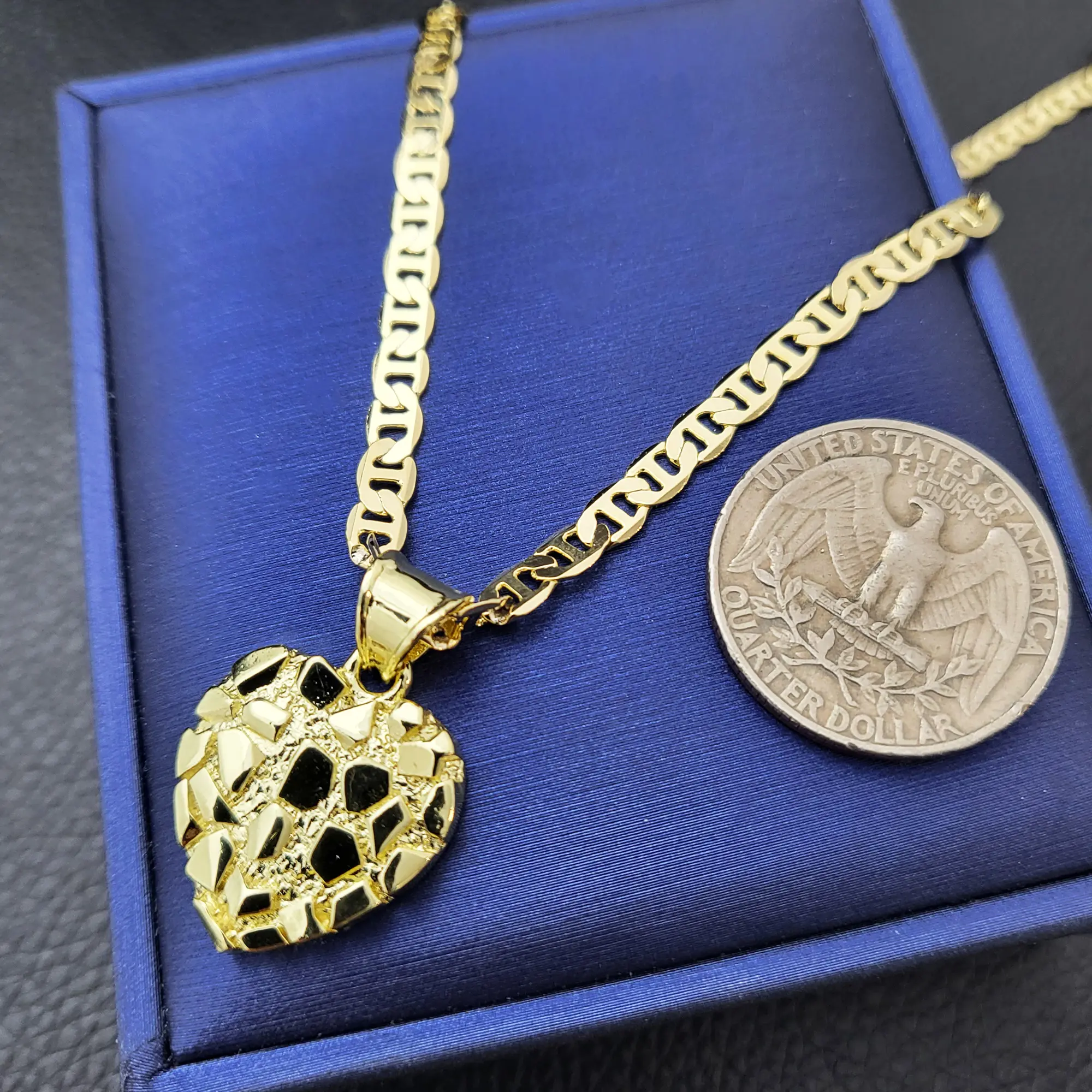 MaxBling81 14K Real Gold Plated Brass Coated Golden Nugget Heart Pendant & 14K Stamped 4mm Mariner Chain Necklace Gift Set (20"-24", Link Included) for Daily Wear, Birthday, Anniversary (Unisex)