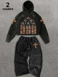 Men's New Street Style American Wall Saint Mary Jesus Cross Print Long Sleeve Hoodie Sweatshirt + Washed Straight Leg Pants Set, Loose Fit, Casual Fashion Outfit