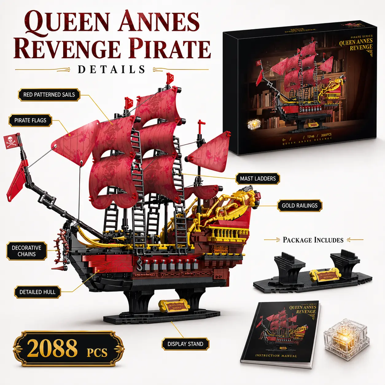 JYRUE Pirate Ship Building Set for Adults,Ship Model Kit Building Block Toys for Display and Collection,Home Office Decor Gift for Teens 14+(1898PCS)