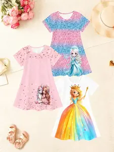 3pcs Girl 3D Printed Short Sleeve Dress, Princess Party, Lightweight Summer Casual Kids Clothes, Comfortable Clothing, Sparkly Glitter Dresses