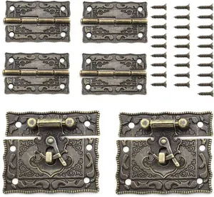 SDTC Tech Anti-Rust Antique Bronze Rectangle Right Hook Hasp Latch & Engraved Hinge Kit, Easy to Install, Exquisite and Beautiful for Furniture Decoration, Vintage Style Furniture, Jewelry Box, Gift Box (2 Hasps + 4 Hinges)