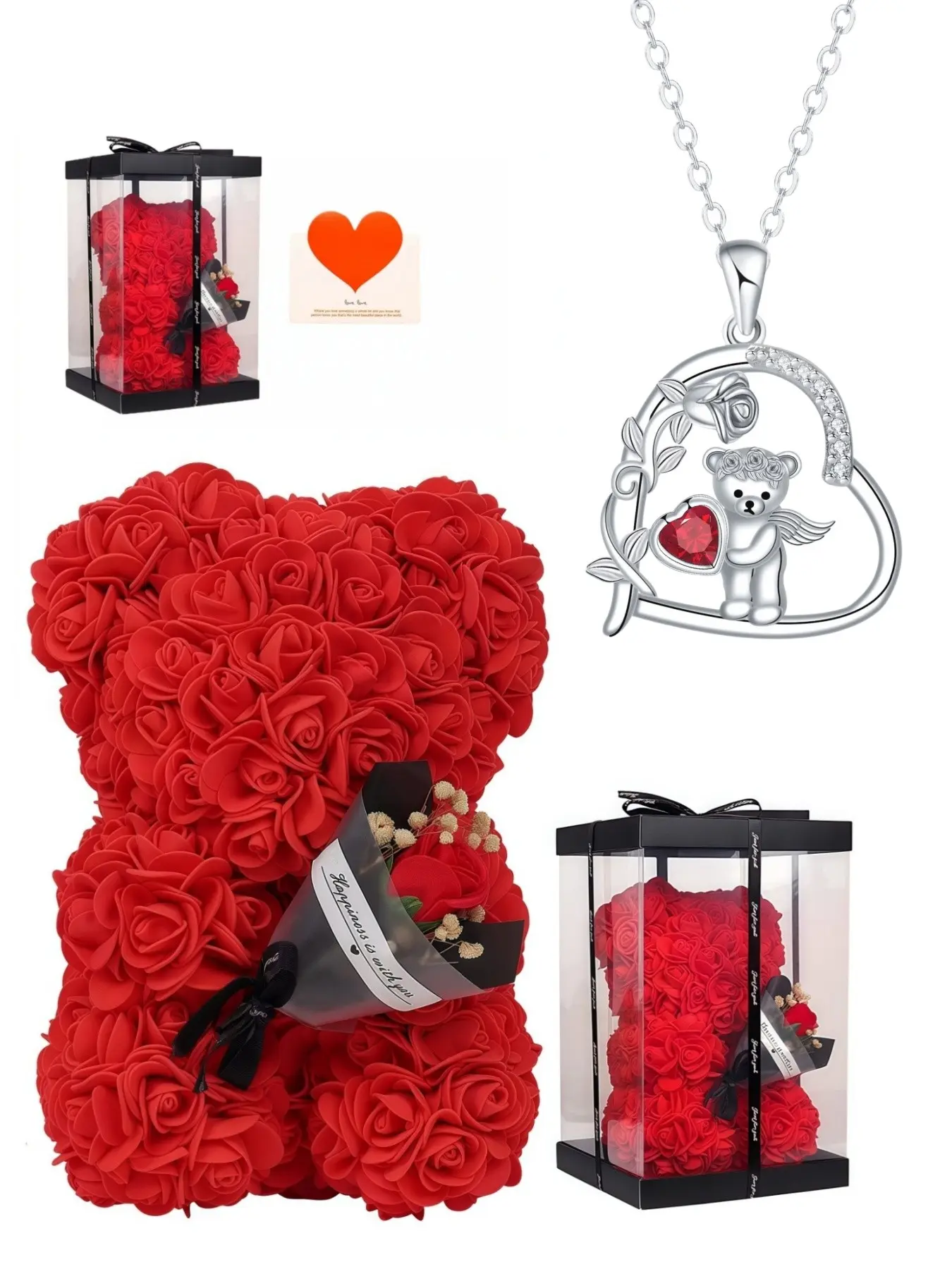 Bear Heart Rose Original heart-shaped rose & angel bear necklace, Angel wings pendant, colorfast.Comes with a preserved rose & teddy bear gift box.Perfect mysterious gift for birthdays, Valentine’s Day, Mother’s Day and Christmas