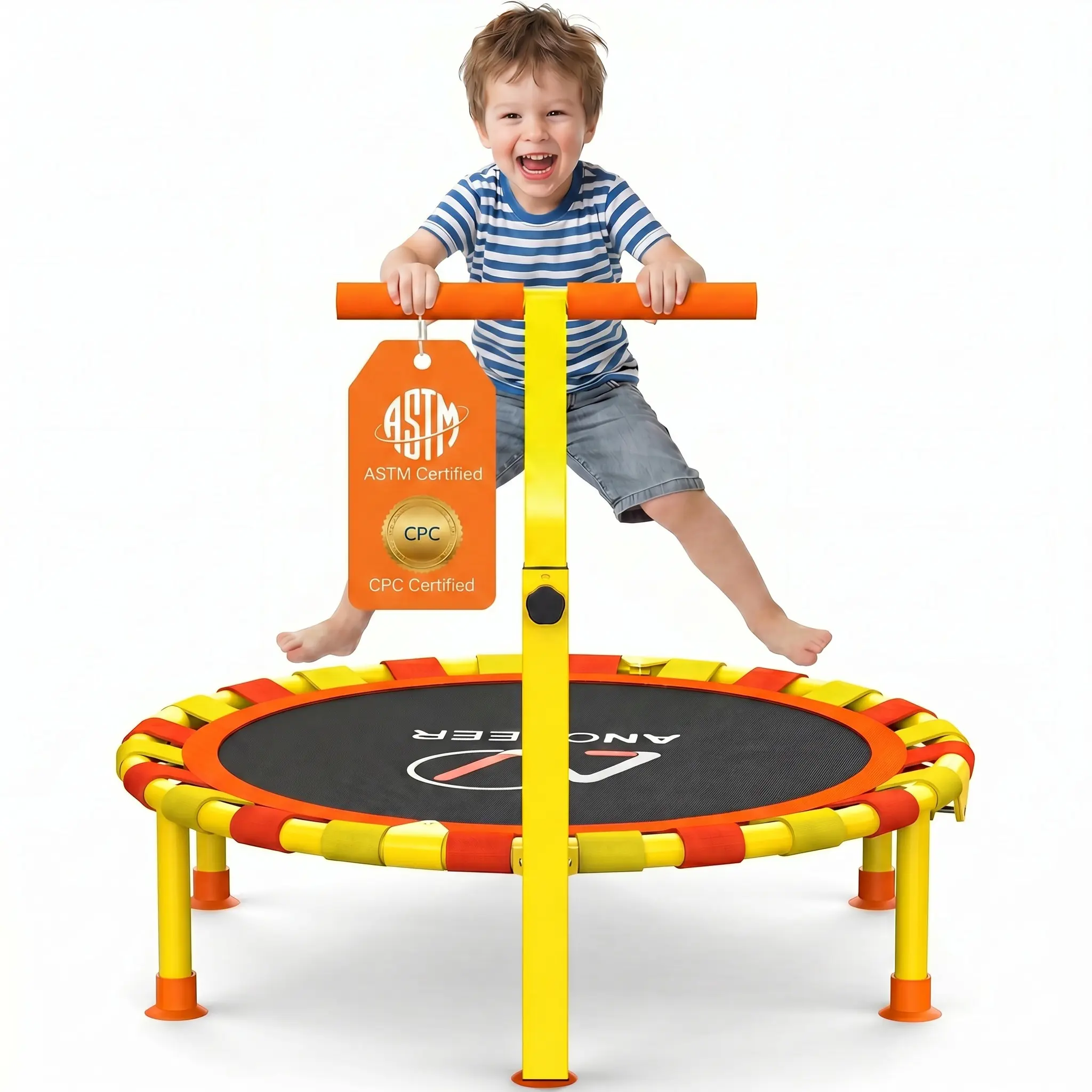 ANCHEER 38" Foldable Toddler Trampoline for Kids Ages 1-6, ASTM & CPC Certified Mini Trampoline with Adjustable Foam Handle, Quiet Bungee Design, Indoor & Outdoor Kids Trampoline, 200LBS Capacity, , Easy Assembly