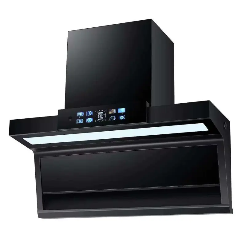 Modern Black Range Hood with LED Display and Touch Controls for Kitchen Ventilation