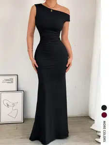 Elegant Women's Asymmetrical Shoulder Fish Tail Dress, Ruched Waist Sleeveless Gown, Valentine's Day Party Wear, Plain Pattern