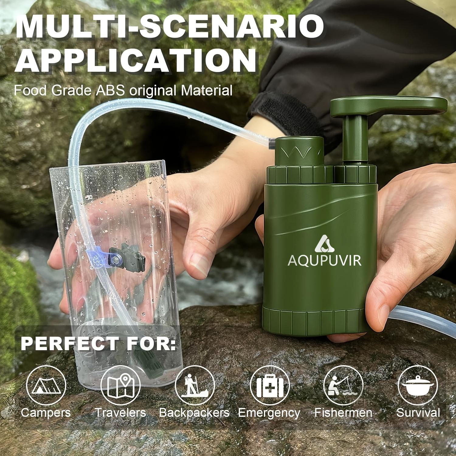 AQUPUVIR Portable Water Filtration Pump Outdoor Survival Gear, 0.01 Micron Replaceable Carbon Filter 4-Stage Purification, Food-Grade ABS Lightweight for Camping Hiking Backpacking Emergency EDC, Ideal Gift for Father’s Day Easter