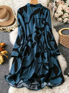 Plus Size Elegant Floral Print Women's Button-Up Shirt Dress | Long Sleeve, Lapel Collar, Lightweight Polyester | Perfect for Spring & Summer Outings