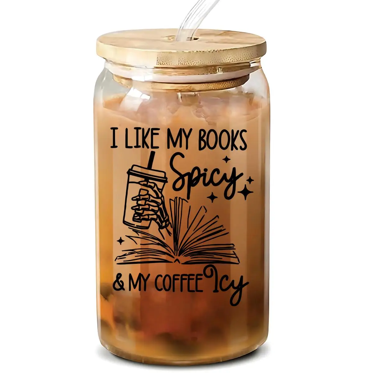 2024 Kitchen Gadgets 16oz Glass Cup with Lid & Straw & Cleaning Brush, 1 Count Portable Modern Letter Pattern Drinking Cup, Drinking Cup for Home Offi