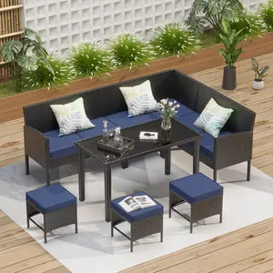 Small Space Patio Furniture 7-piece Outdoor Furniture Set, Backyard Furniture Set, Waterproof Seat Cushion, Glass Table, Space Saving, Suitable For Backyard, Terrace Or Garden,Dark Blue