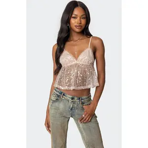 Edikted Women's Sheer Sequin Babydoll Tank Top