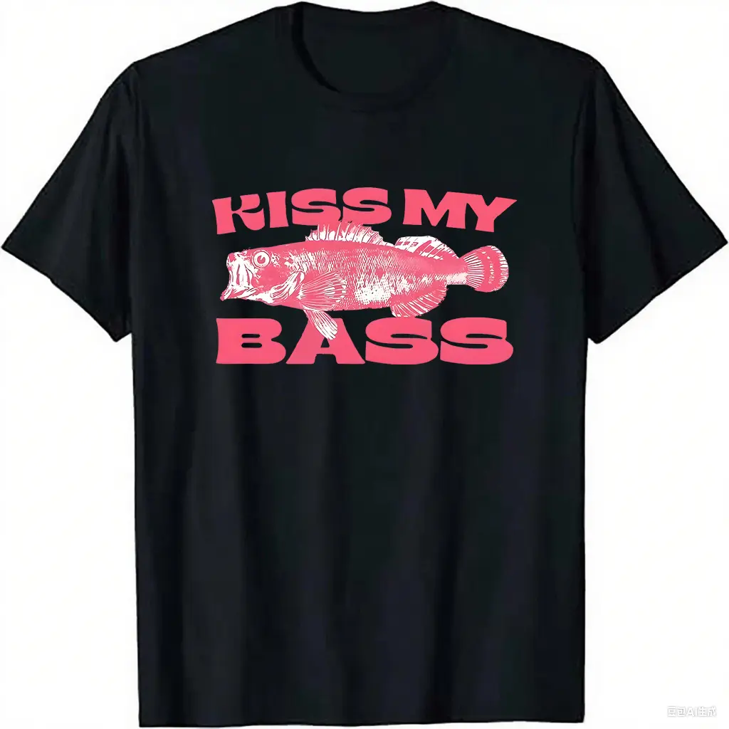 Men's Funny Fishing T-shirt, 'Kiss My Bass' Graphic Print, Casual Unisex Short-Sleeve 100% Cotton Top, Gift for Anglers, Tshirt, Retro, Outdoor, Cotton Fabric, Basics, Round Neck