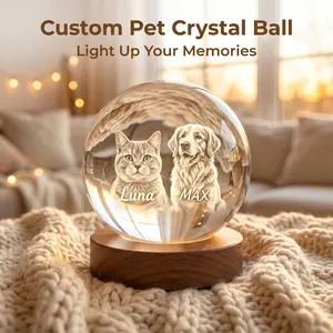 Personalized Pet Memorial Crystal Ball Night Light, Custom Cat Portrait Lamp, Photo Crystal Light, Pet Loss Keepsake, Gift for Dog Lovers Dog Cat Memorial Gift
