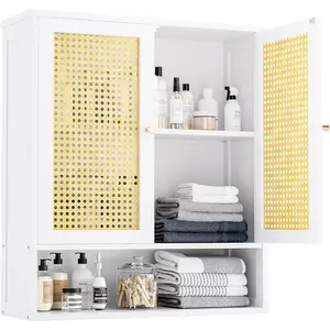 Bathroom Wall Cabinet,  Over-The-Toilet Storage Organizer with 2 Rattan Doors and Adjustable Shelf, Space Saver  Cabinet for Laundry, Kitchen, Living Room (White)