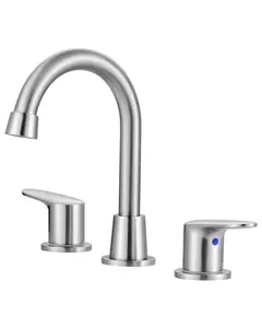WOWOW Double Handle Faucet - 3-Hole Widespread Brushed Nickel Bathroom Lavatory Tap, Swivel Spout, Copper Popup Drain Assembly, Quick Install for Indoor Restroom Vanity, Camper