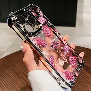 Electroplated Four Corner Anti-Fall Stylish Pink Turtle Phone Case for iPhone 16 Pro Max 15 Plus 14 13 12 11 E Shockproof Transparent Protective Cover
