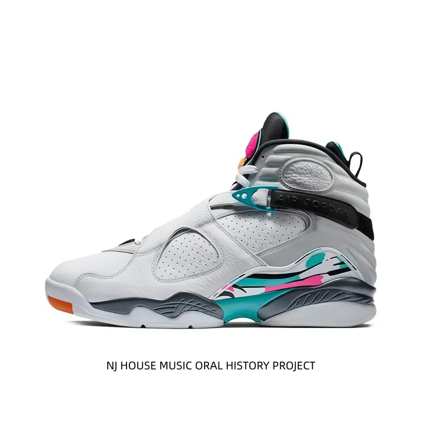 White leather high-top sneakers decorated with bright teal, pink graphic prints and orange toe tip. Adjustable buckle strap offers stable ankle support, cushioned sole suits streetwear and daily casual matching.