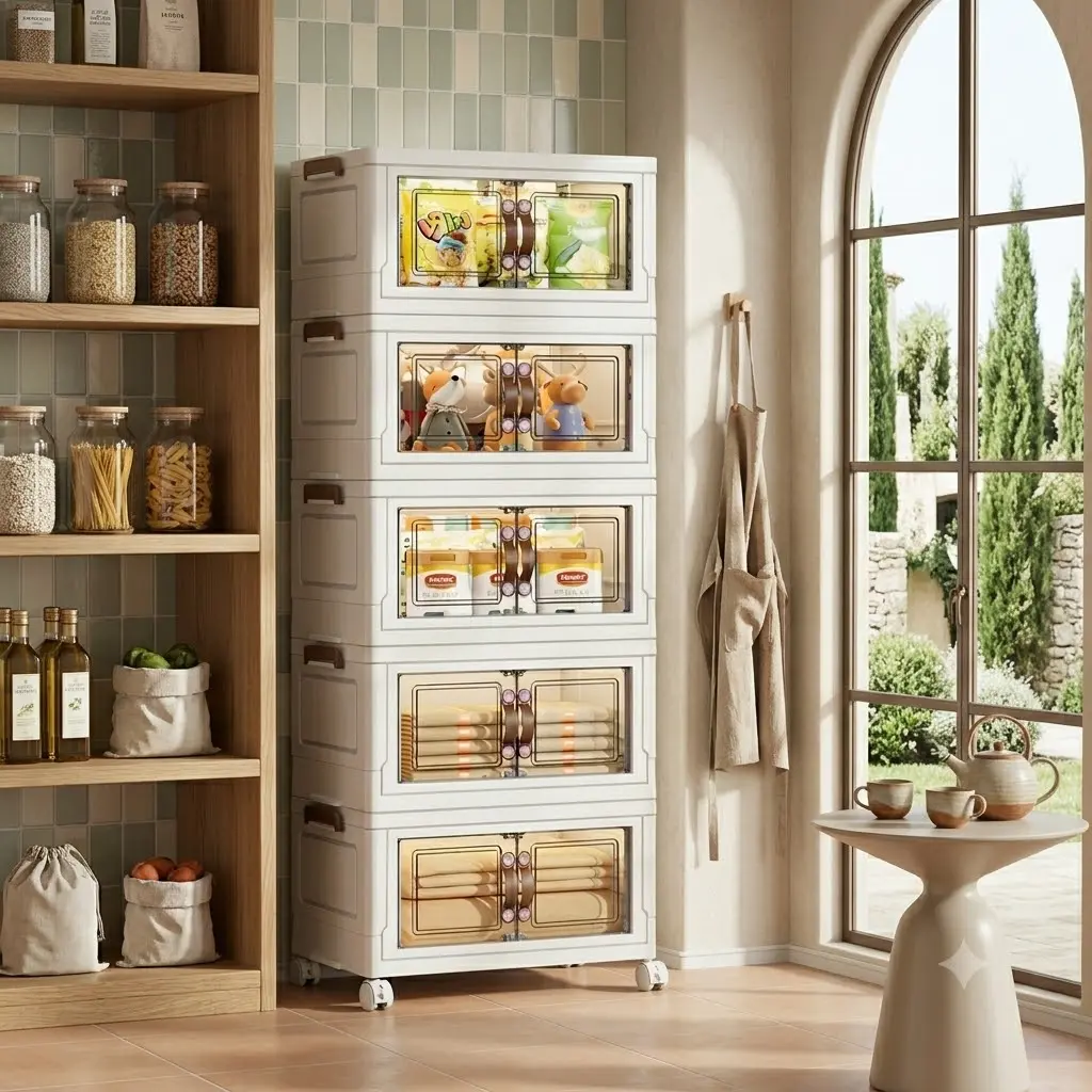 5-Tier Foldable Storage Cabinet with Wheels, Pre-Assembled Plastic Organizer Bins with Clear Magnetic Double Doors for Living Room, Kitchen, Pantry, White