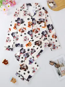 Women's Cartoon Dog Print Pajama Set, Casual Fitted Long Sleeve Top & Comfortable Pants, All-Season Sleepwear Loungewear Home Wear