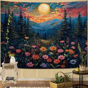 kampdream Landscape Tapestry, Scenery Art Wall Tapestries, Nature Wall Decor for Bedroom Living Room Backdrop Sunset Wildflowers 36×48 inches