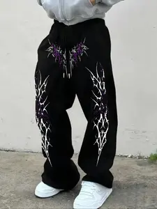 Men's Casual Sporty Long Pants, Thorn Totem Pattern Print, Drawstring Wide Leg, Loose-Fitting, All Seasons Fashion, Casual Streetwear Trousers