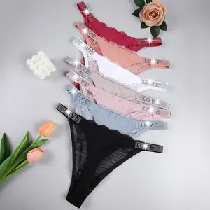 Women's 7-Pack Lace Thong Panties, Sexy Sheer Mesh Fabric Underwear with Sparkly Rhinestone Waistband, Low Rise T-Back Womenswear Lingerie, Multi-Color Pack