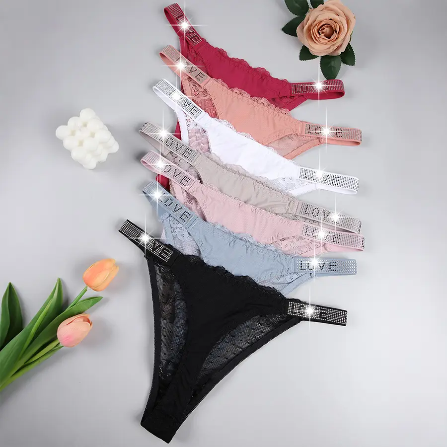 Women's 7-Pack Lace Thong Panties, Sexy Sheer Mesh T-Back Lingerie with Adjustable Shiny Crystal LOVE Straps, Low Rise No Show Fit, Feminine, Panty, Breathable, Cute