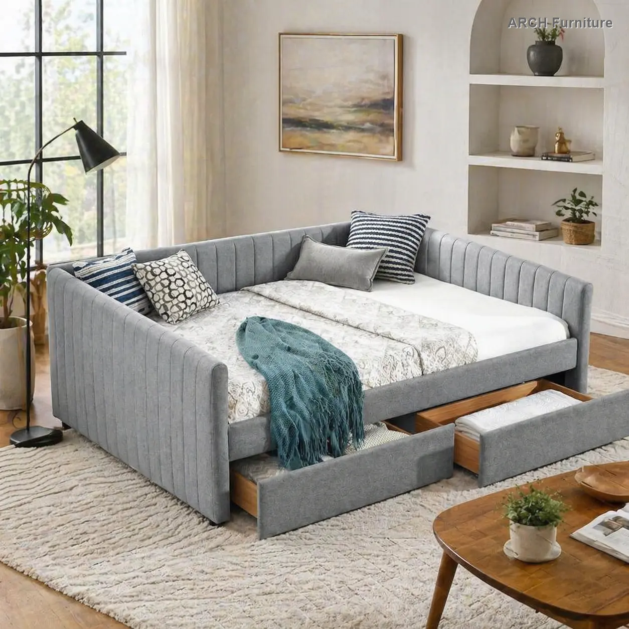 Queen-Size Linen Blend Upholstered Daybed with Storage Organization - Modern Grey Vertical Stripes, 2 Drawers, Trundle, Foam Padding, Space-Saver, Assembly Required, for Various Room Types (86.5''x65''x30''in)