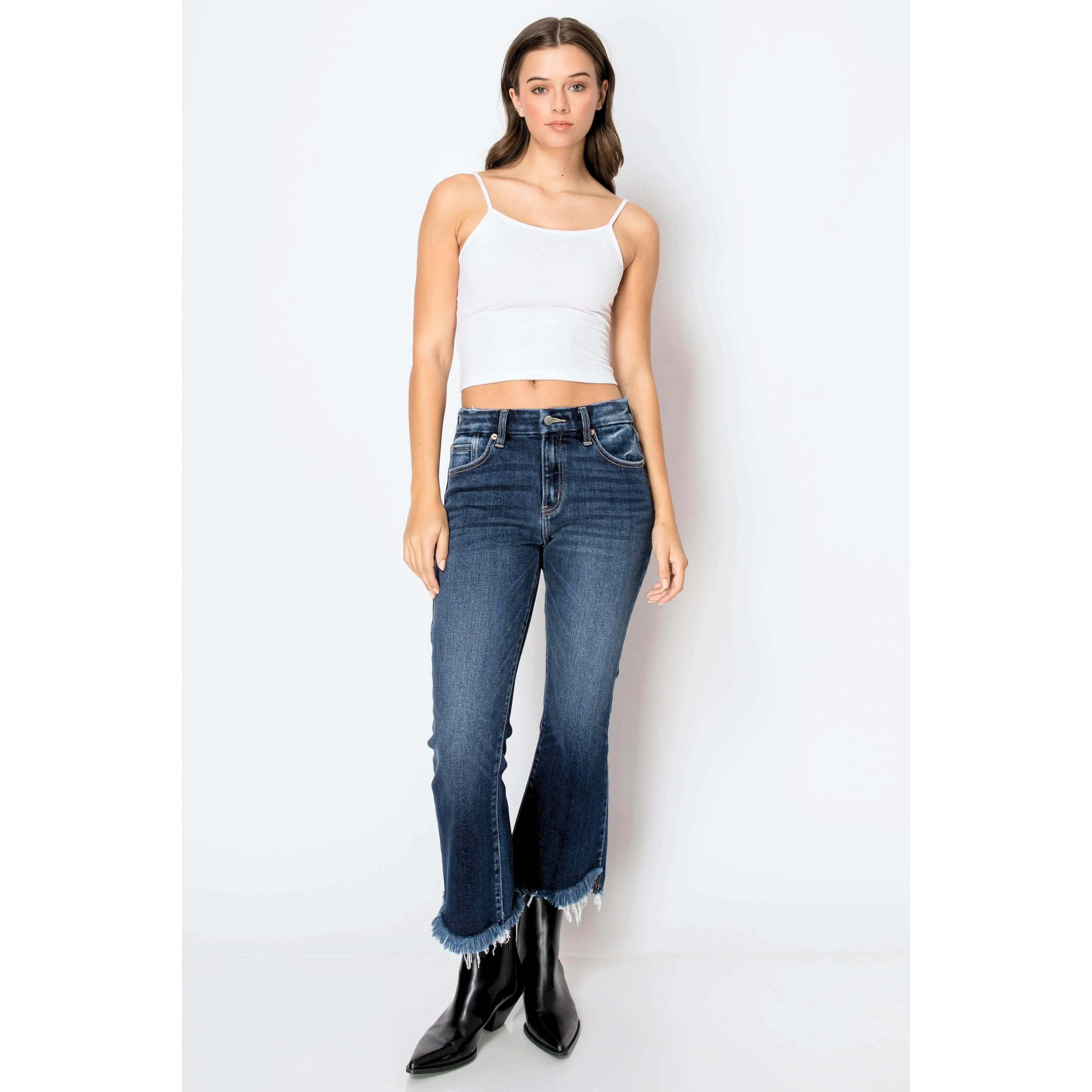 Eco Friendly Corset High Rise Crop Flare Jeans (Dark Wash)