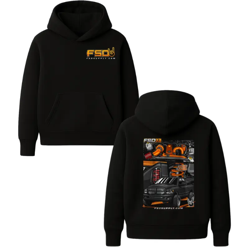 FSD 13 Turbo Truck Hoodie – Black Automotive Graphic Pullover Featuring Performance Turbo & Suspension Panels, Streetwear Hoodie for Truck Lovers & Boost Fans